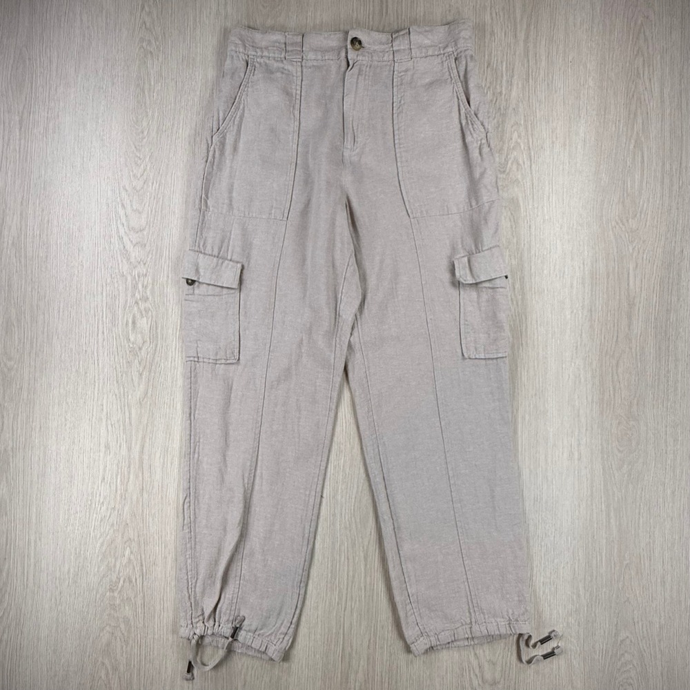 Linen Cargo Pants C&C California Women L Beige Drawstring Coastal Utility Casual